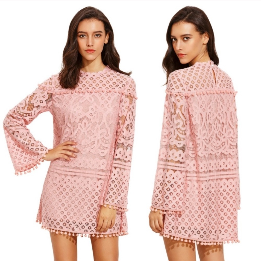 Women's Crochet Pom-pom Sheer Lace Dress